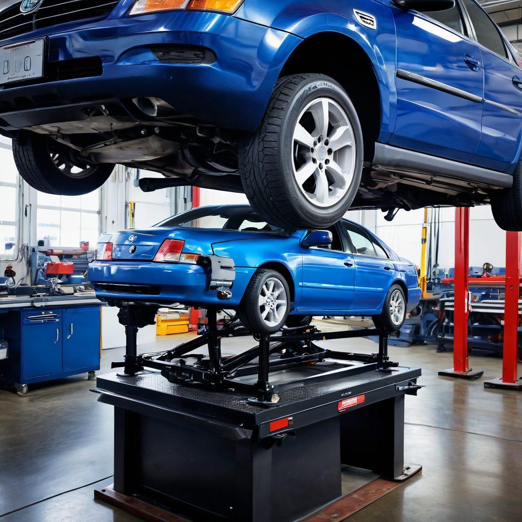 A close-up image showcasing a precision vehicle frame alignment machine in an auto repair shop, with a car being carefully adjusted to perfection. Tools and equipment are neatly organized in the background, with bright lighting highlighting the importance of detail. Include a mechanic focused on the task, emphasizing expertise and care. super-realistic. vibrant colors. industrial setting.