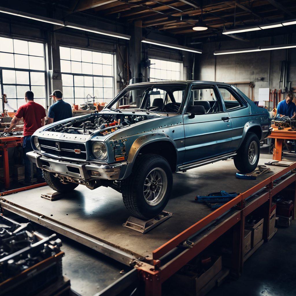 An intricate view of a car chassis under construction, showcasing various tools and machinery in a well-lit workshop. Include silhouettes of auto frame specialists working collaboratively, surrounded by blueprints and technical diagrams. Emphasize details like metallic textures and vibrant tool colors for an engaging atmosphere. super-realistic. vibrant colors. industrial setting.