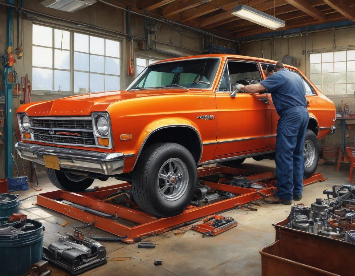 A detailed illustration of an auto frame repair shop featuring a mechanic intently working on a vehicle frame, with tools and equipment scattered around. The scene should include a large poster on the wall displaying the anatomy of a vehicle frame, highlighting key areas for repair and alignment. The lighting should be warm and inviting, emphasizing a sense of expertise and craftsmanship. super-realistic. vibrant colors.